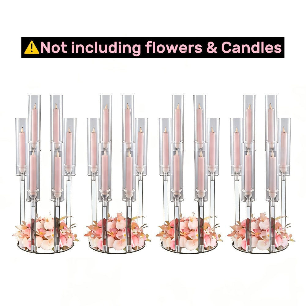 Clear Acrylic Six-Arm Candelabra with 68cm Height, 22cm Round Base and 2-, 4-, 10-, 12- or 20-Piece Options