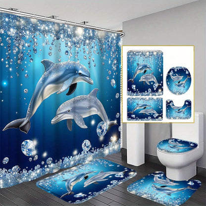 Four-Piece Dolphin Shower Curtain Set with Coordinated Bath Mat, Toilet Rug, Lid Cover and Twelve Hooks