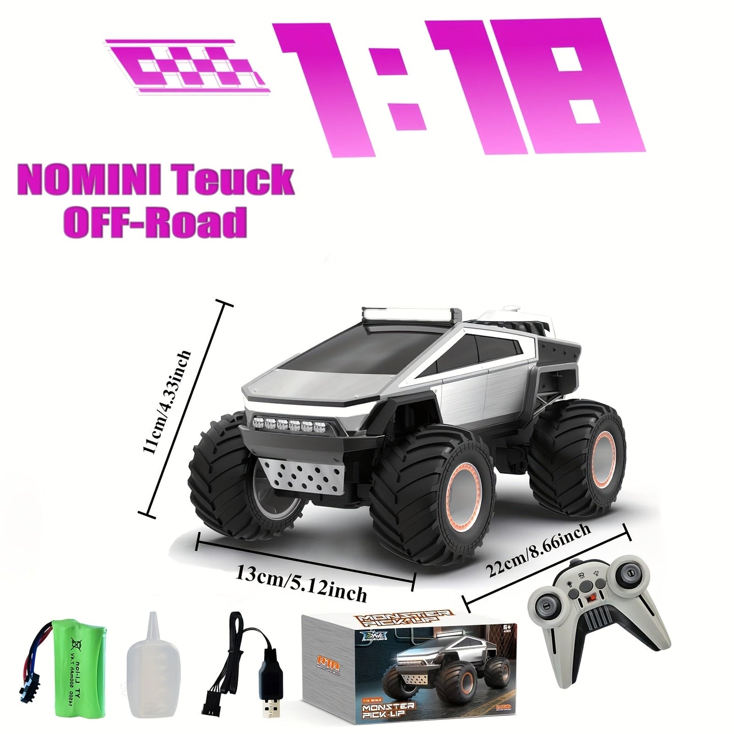 Remote Control Car, Cybertruck-Style 1:14 and 1:18 Pickup Models with 2.4GHz Control, LEDs and Spray Effect
