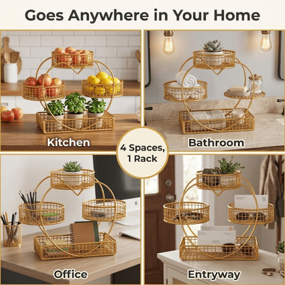 Wire Fruit Stand 3-Tier Golden Metal Basket | Large Capacity Kitchen Counter Organizer for Fruits Vegetables Bread Snacks Produce