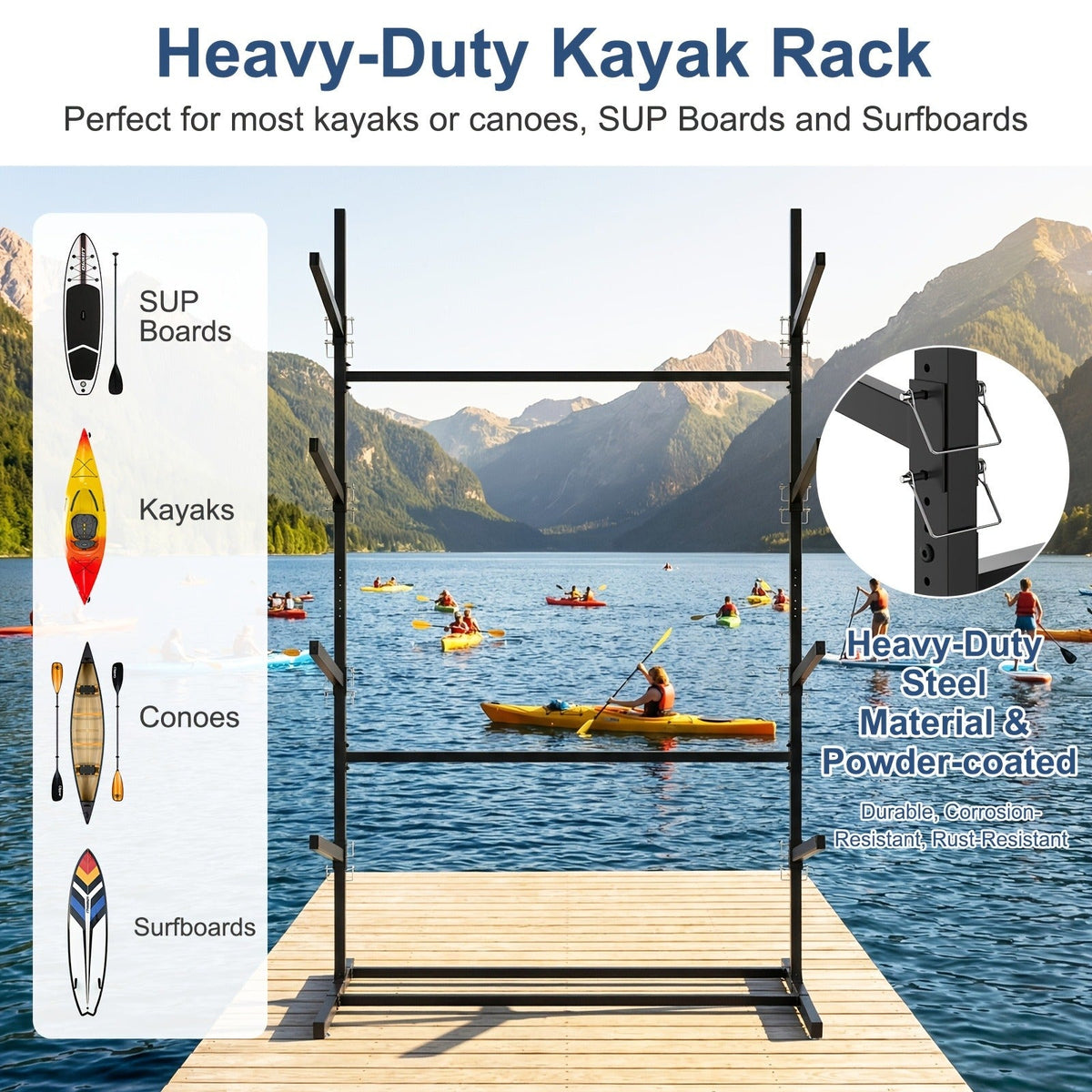 Kayak Storage Rack, Adjustable Stand for SUP, Canoe & Paddle Board, Wall, Dock & Freestanding, 400 lbs Capacity