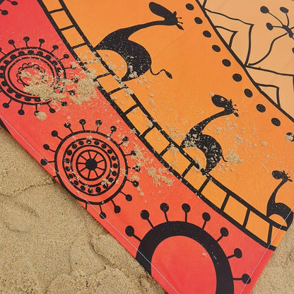 205 x 198cm Picnic Blanket with Orange, Aqua and Black Bohemian Animal Print and Matching Zip Carry Bag