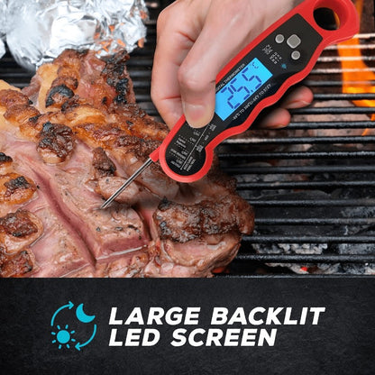 Red and Black Folding Digital Food Thermometer with Backlit Display, Calibration Mode, Unit Switch and Hanging Loop