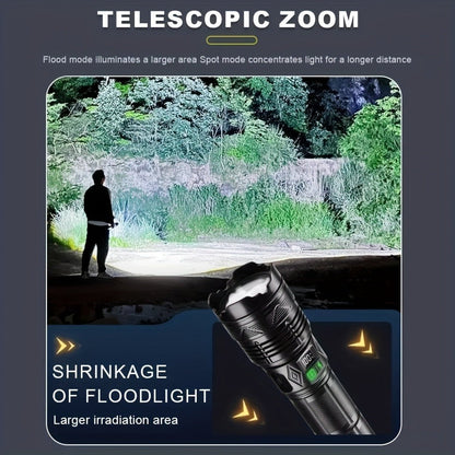 Flashlight Fresnel Lens Rechargeable Torch with 26650 Battery, USB-C Charging and Warning Tail Light