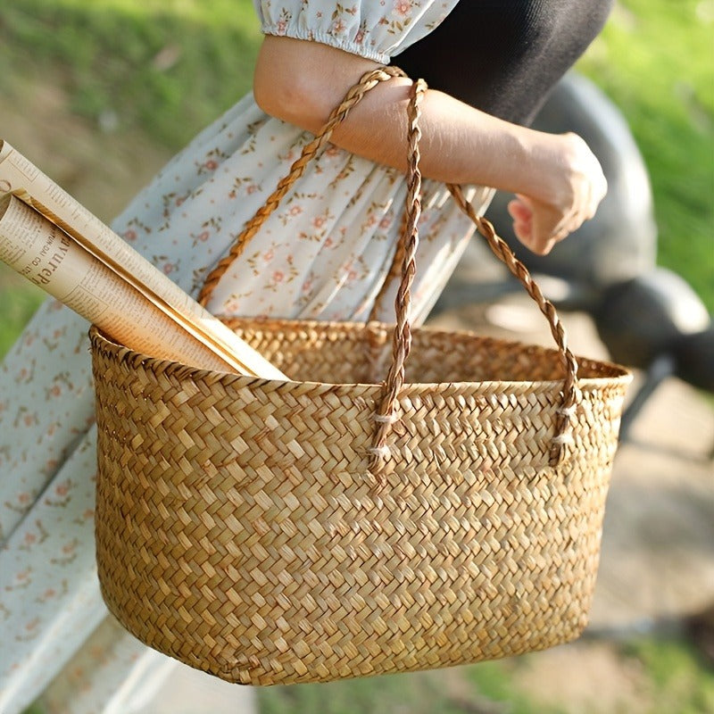Straw Picnic Basket with Long Handles – Large Hand-Woven Vintage Shopping Basket for Beach, Outdoor Picnics & Rustic Home Decor Storage