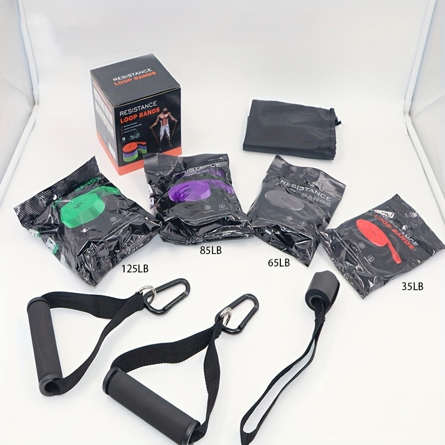 Four-Piece Color-Coded Long Loop Resistance Band Set with Pictured 15-125 lb Labels and Storage Bag