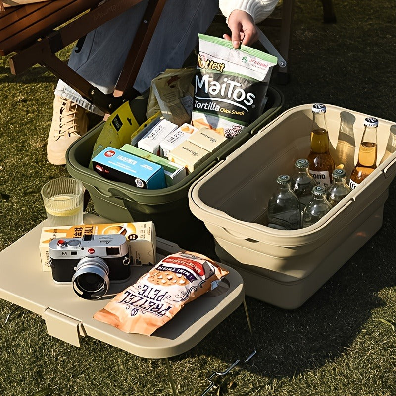 Picnic Basket Foldable with Detachable Table – Large Capacity Portable Camping Storage Basket with Handle, Multifunctional Outdoor Organizer Box for Hiking, Beach & Backyard, Green & Khaki