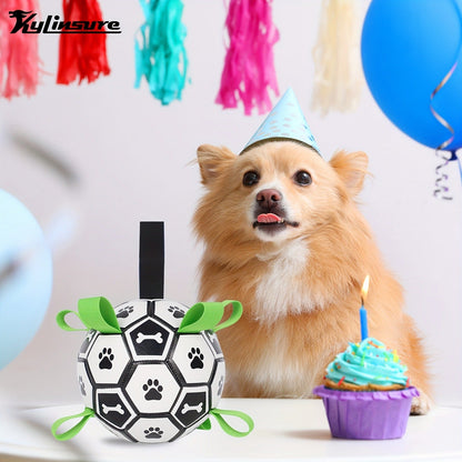 Dog Toy Soccer Ball with Grip Straps in 6 or 7.25-Inch Sizes for Tug, Fetch and Water Play