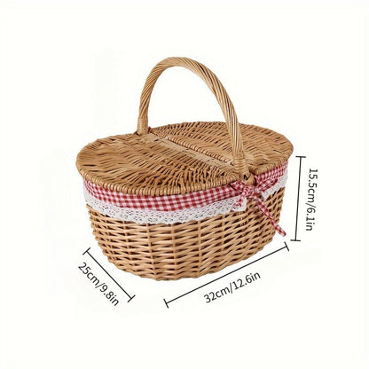 Willow Picnic Hamper Basket with Hinged Lid, Carry Handle and Red Checkered Textile Lining