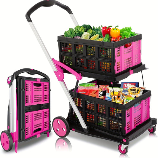 Collapsible Utility Cart 200 lb Heavy Duty Foldable Shopping Trolley 4-Wheel 360° Swivel Locking Brake Lightweight Portable Dolly for Grocery Mall Camping Pink Purple
