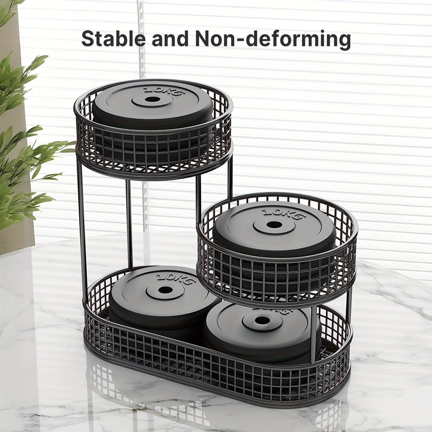 Three-Tier Black Wire Fruit Basket with Staggered Round Bowls and Rectangular Countertop Base