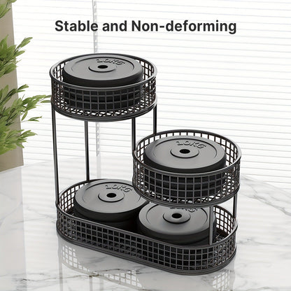 Three-Tier Black Wire Fruit Basket with Staggered Round Bowls and Rectangular Countertop Base