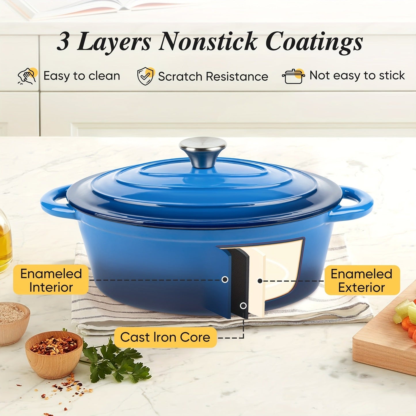 Dutch Oven Enameled Cast Iron 4.5QT with Lid & Dual Handles – Oval Non-Stick Enamel Coating for Bread Baking Soups Stews Braising | Stovetop to Oven Safe 500°F 5 Colors Available