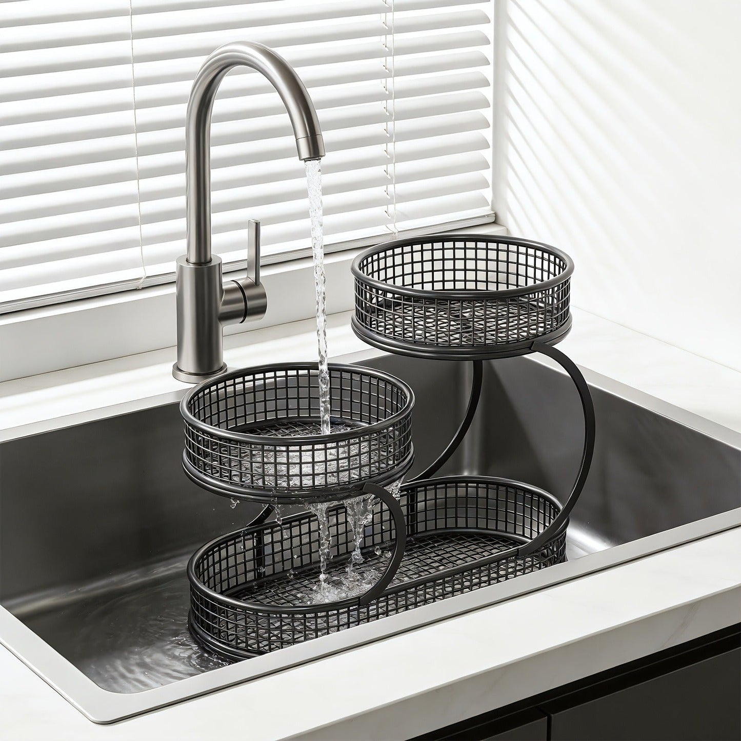 Countertop Fruit Bowl 3-Tier Round Metal Wire Stand | Kitchen Storage Organizer for Fruits Vegetables Bread Snacks | Space-Saving Produce Rack