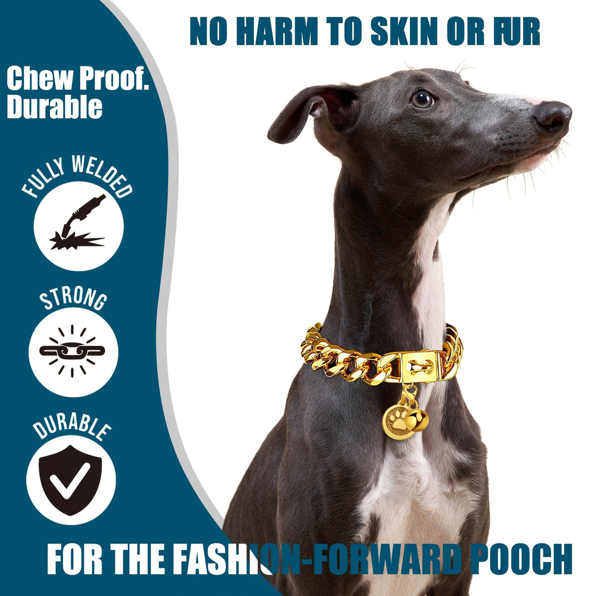 Gold-Color Cuban Link Dog Chain Collar with Paw and Bell Charms in Six Lengths from 16 to 26 Inches