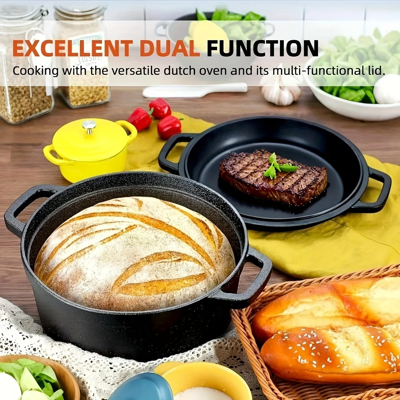 Pre-Seasoned-Labeled Cast Iron Dutch Oven with Reversible Skillet Lid, Trivet, Handle Covers and Scraper