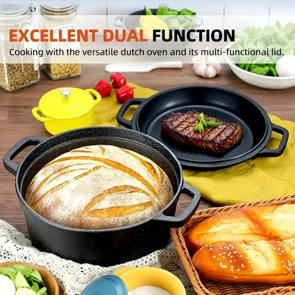 Pre-Seasoned-Labeled Cast Iron Dutch Oven with Reversible Skillet Lid, Trivet, Handle Covers and Scraper
