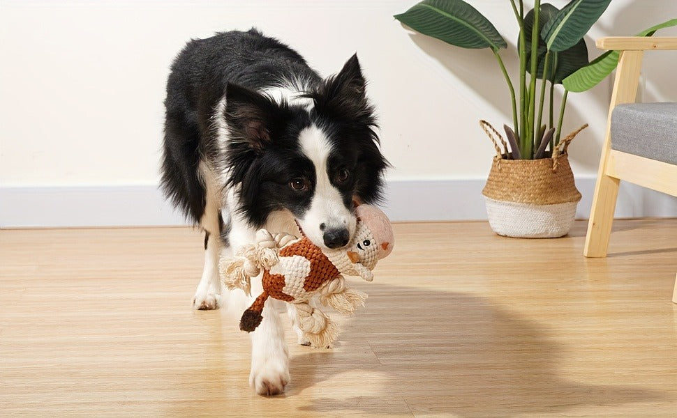 Dog Toy Cow Plush with Squeaker, Crinkle Paper, Woven Legs and Washable Construction for Multiple Dog Sizes