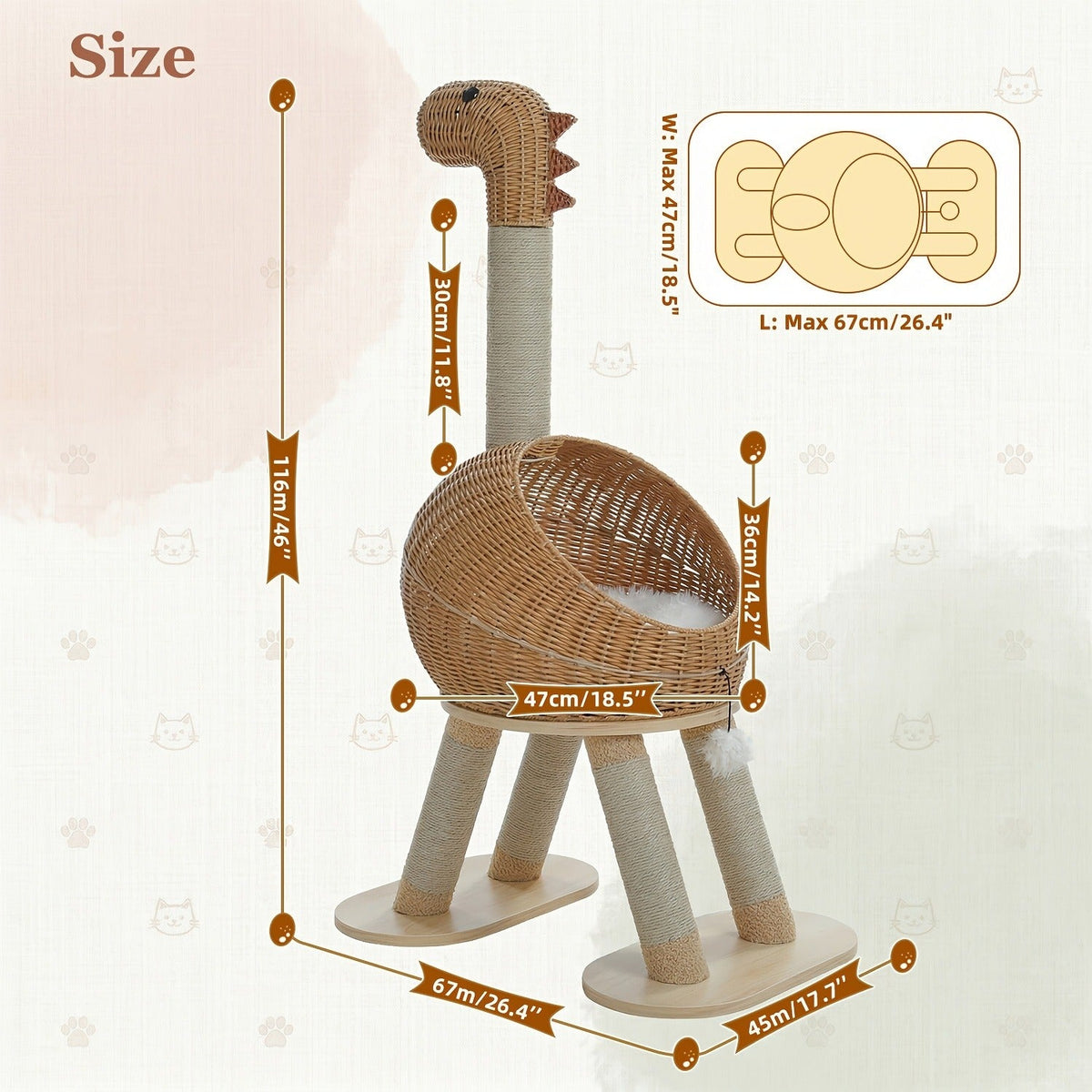 Brown 46-Inch Dinosaur Cat Tree with Woven Pod Bed, Four Sisal-Wrapped Posts and Removable Cushion