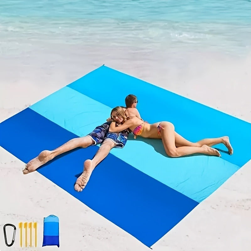 Blue Colorblock Beach Mat with Four Stakes and Carry Pouch, 55 x 78in Lightweight Foldable Size