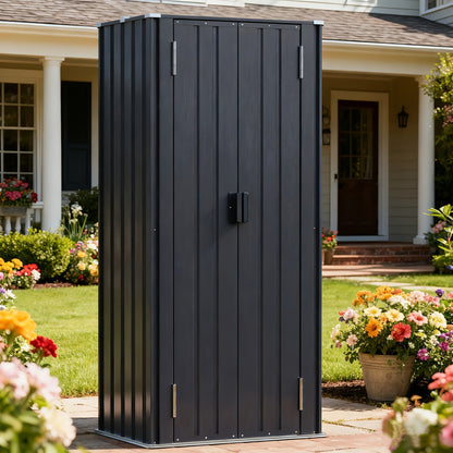 Metal Outdoor Storage Cabinets with Shelf-Equipped Tall or Low Models and 3 x 2 x 4.6 Ft Shed Option