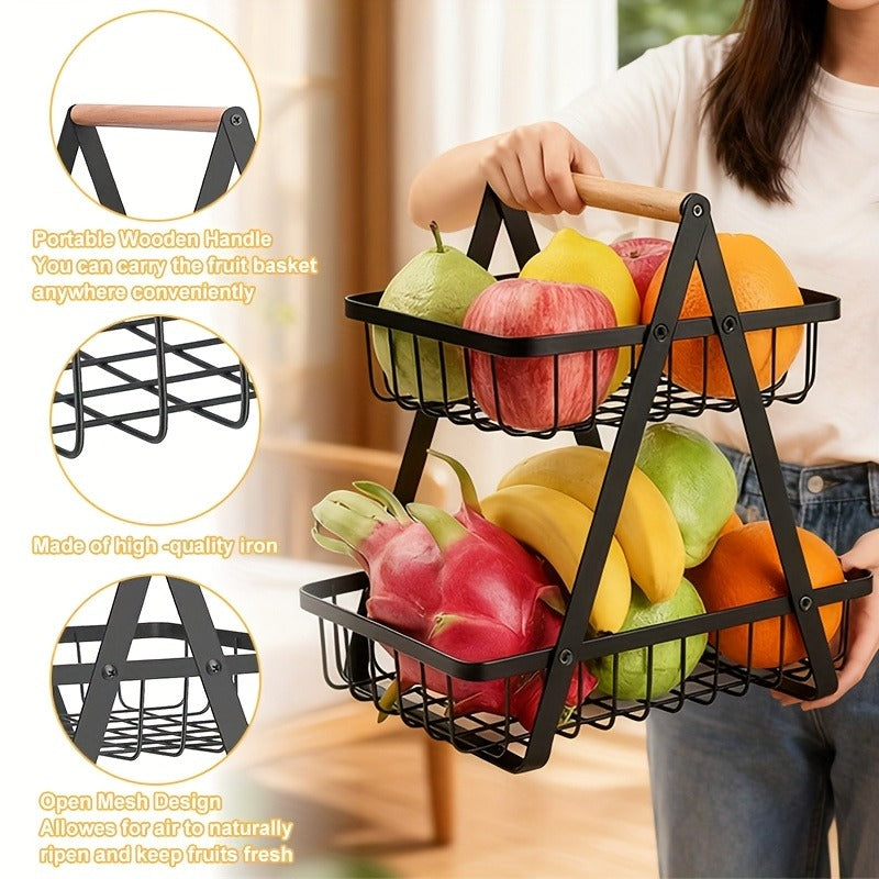 Tiered Fruit Basket with Removable Wooden Handles – 2 or 3 Tier Metal Kitchen Counter Organizer for Produce, Bread & Snacks