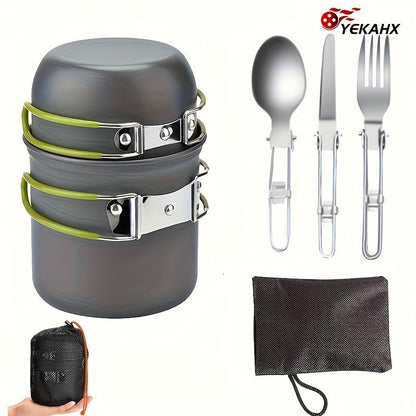 Stainless Steel Camping Cookware Set Portable Outdoor Cooking Pot with Foldable Storage Knives Forks Lightweight Compact for Backpacking Hiking Picnic Travel Orange Green Gift Ready