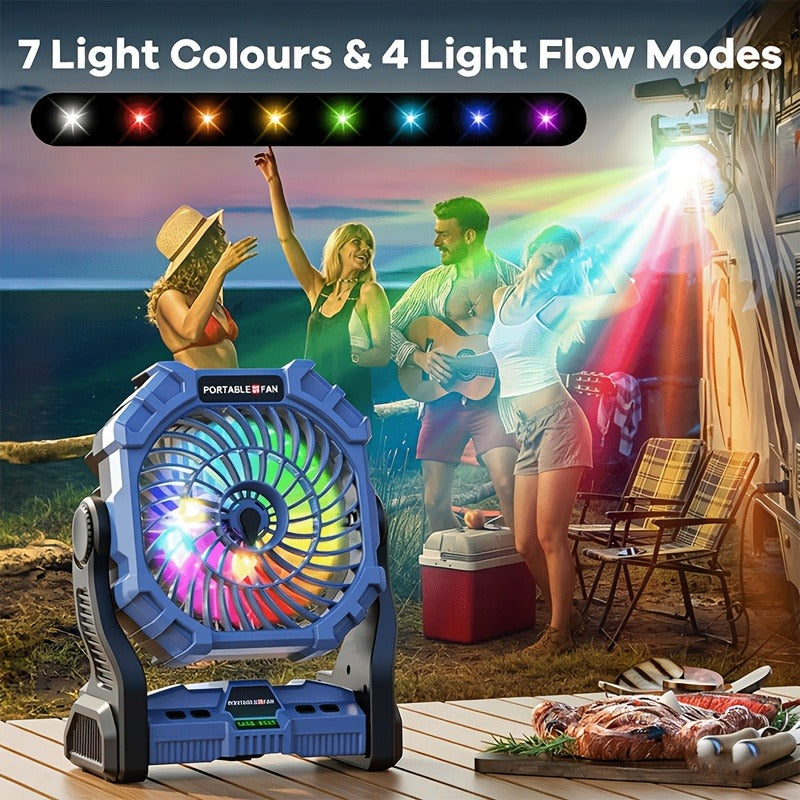 Camping Fan Rechargeable 20000mAh with Misting Solar Panel RGB Mood Light 4-Speed Tent Hook Phone Charging Portable Outdoor Fan