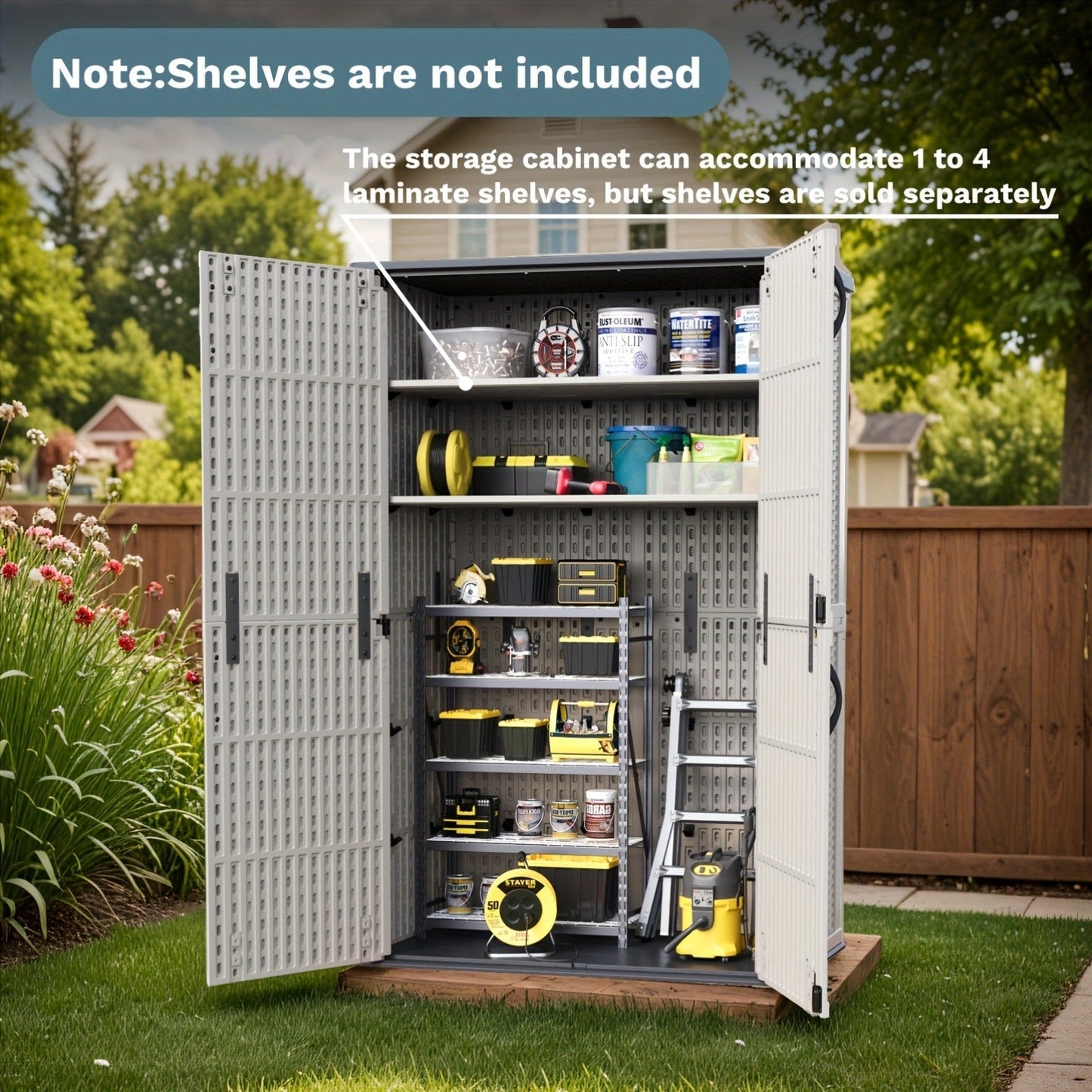 Resin Outdoor Storage Cabinet and Shelf Options in White or Beige with 4 x 2 Ft Shed Sizes