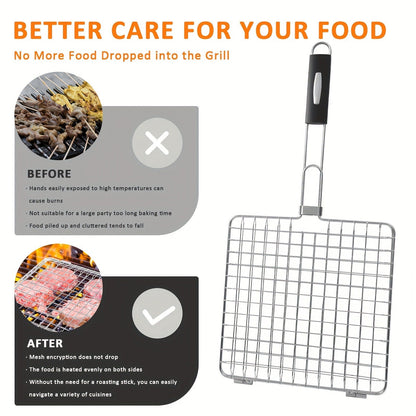 Grill Basket Stainless Steel Folding BBQ Grilling Basket for Fish Chicken Vegetables Shrimp Portable Outdoor Camping Barbecue Accessory 3 Sizes