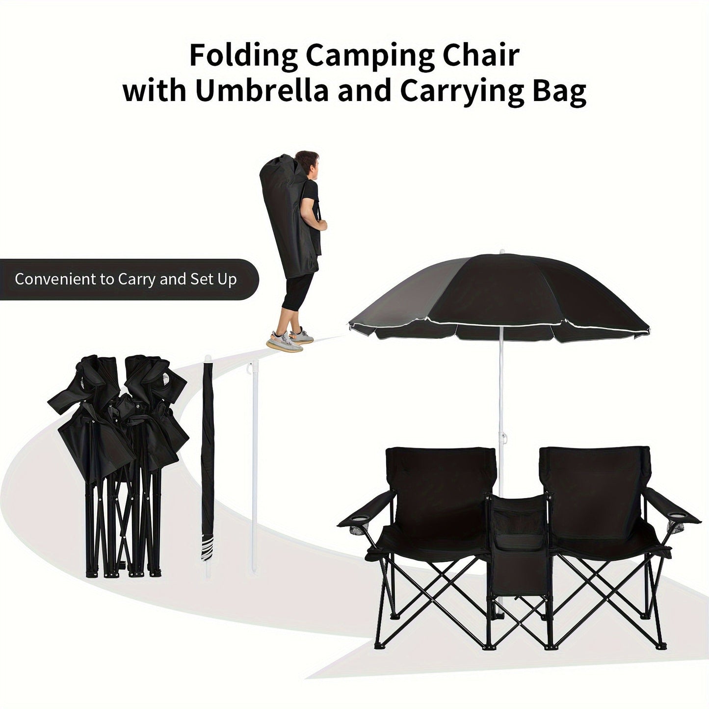 Folding Picnic Chair Set for 2 | Umbrella, Cooler Bag & Table, 600 Lbs Capacity, Portable