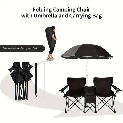 Folding Picnic Chair Set for 2 | Umbrella, Cooler Bag & Table, 600 Lbs Capacity, Portable