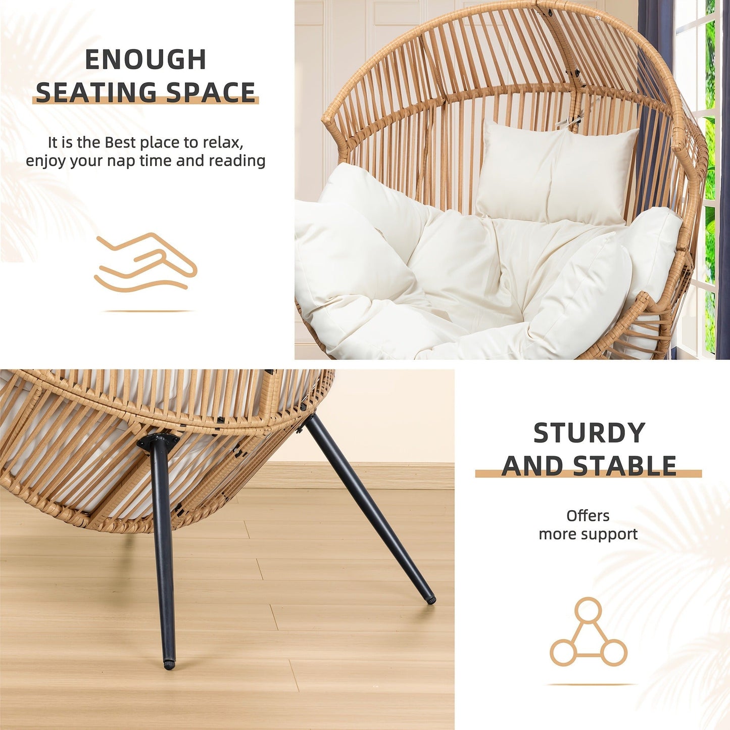 Egg Chair Outdoor Wicker PE Rattan Oversized Patio Lounge Chair with Cushion Rocking Egg Chair for Backyard Balcony Garden Beige Black Black/Rattan