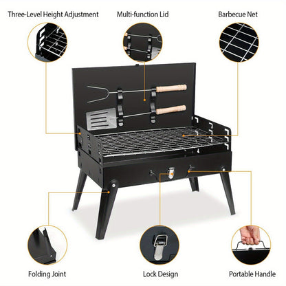 Portable Folding Charcoal Grill with Hood, Raised Grate, Side Vents and Compact Black Steel Body