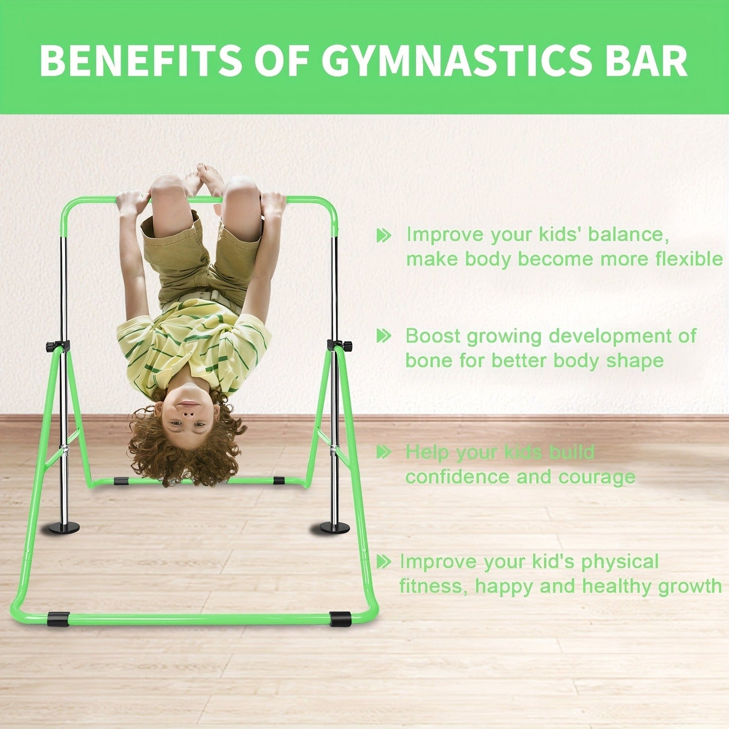 Height-Adjustable Kids Gymnastics Bar in Green or Yellow for Supervised Indoor or Outdoor Training