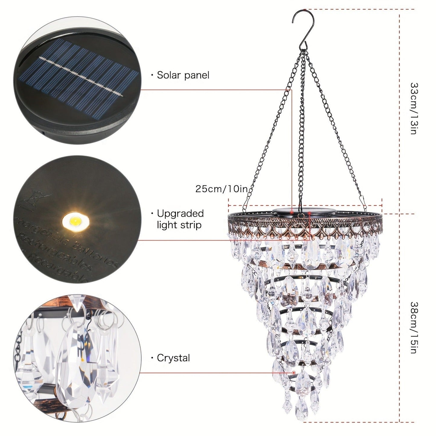 Solar Outdoor Lights 54-LED Hanging Crystal Chandelier in 6-Tier, Oval or Round Style for Gazebo Decor