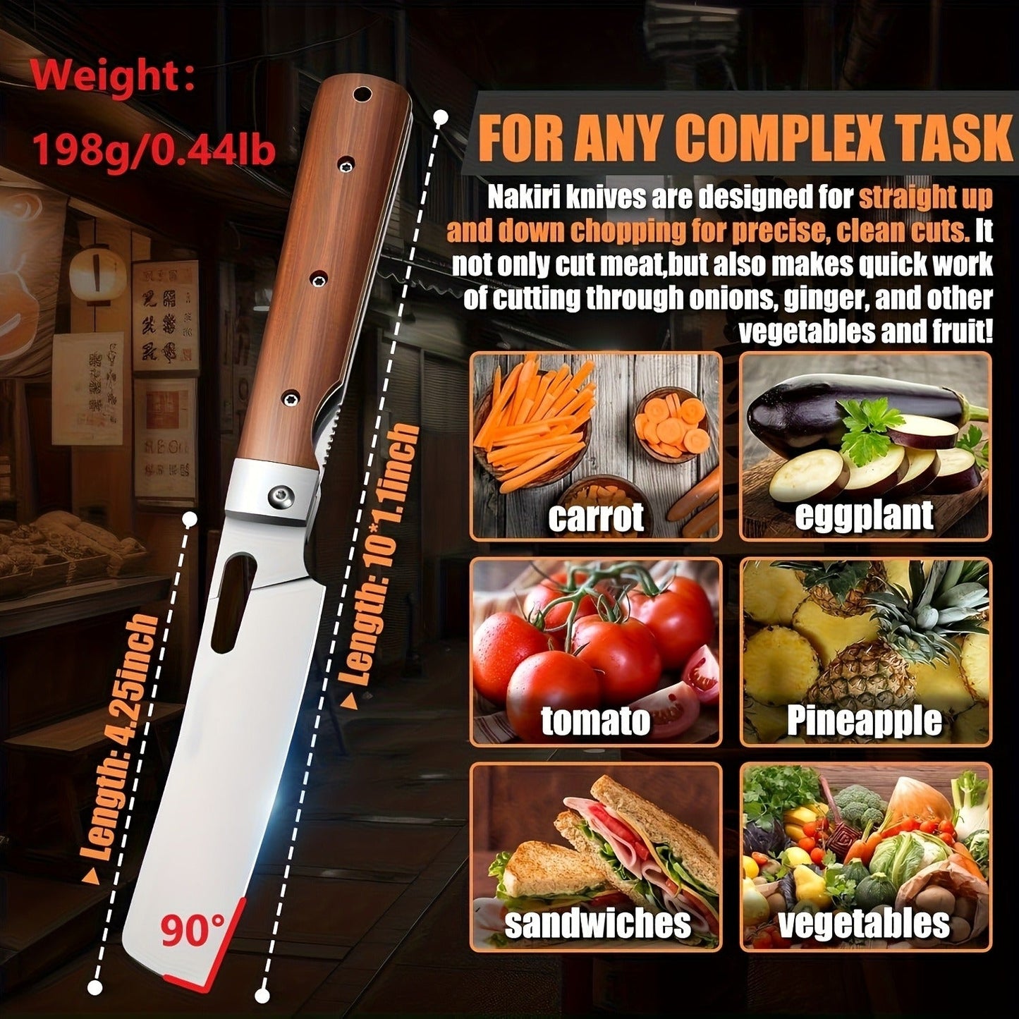 Folding Knife Nakiri 440C Stainless Steel – Ultra-Sharp Portable Chef Knife with Cocobolo Wood Handle & Liner Lock | Handcrafted Camping BBQ Kitchen Vegetable Knife Gift 12-Month Warranty
