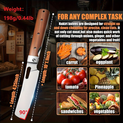 Folding Knife Nakiri 440C Stainless Steel – Ultra-Sharp Portable Chef Knife with Cocobolo Wood Handle & Liner Lock | Handcrafted Camping BBQ Kitchen Vegetable Knife Gift 12-Month Warranty