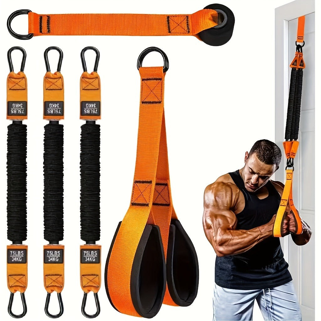 Orange Five-Piece Door-Anchor Resistance Band Set with Three Tubes, Door Anchor and Pictured Handles