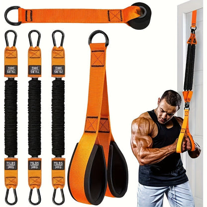 Orange Five-Piece Door-Anchor Resistance Band Set with Three Tubes, Door Anchor and Pictured Handles