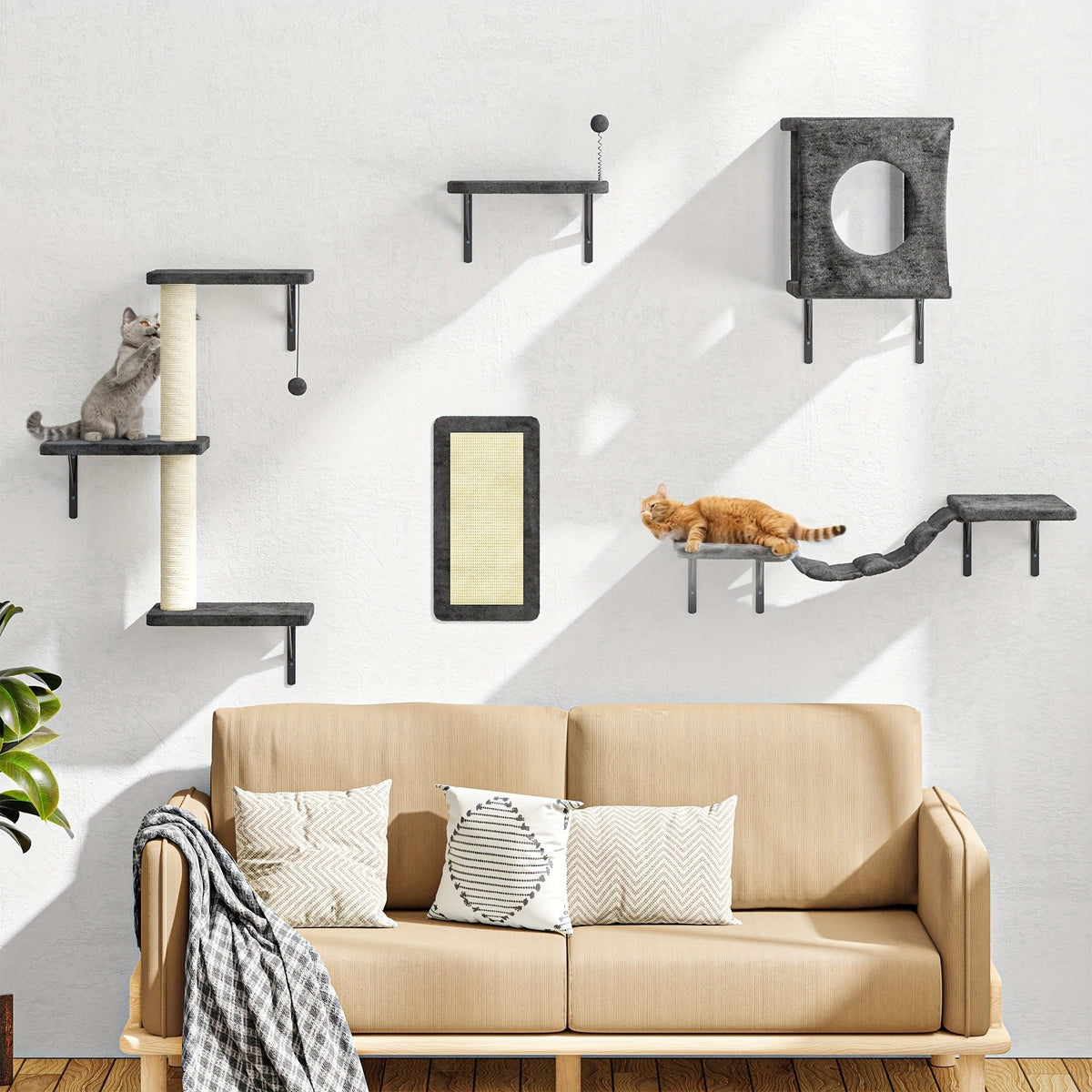 Five-Piece Wall-Mounted Cat Furniture Set with Open Perches, Suspended Bridge and Enclosed Cube