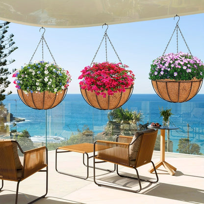 Three-Piece Hanging Flower Basket Set with 10-Inch Coco Liners, Metal Chains and S-Hooks for Porch or Balcony