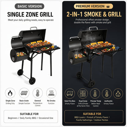 Charcoal Grill with Offset Smoker, Barrel BBQ Smoker Grill Combo for Backyard & Patio, Heavy-Duty Outdoor Charcoal Smoker with Side Firebox for Smoking, Grilling & BBQ Parties