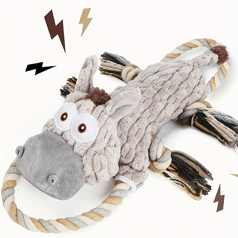 Dog Toy Stretch Donkey Plush Squeaker with Elastic Body, Textured Surface and Rope Ends in Gray White