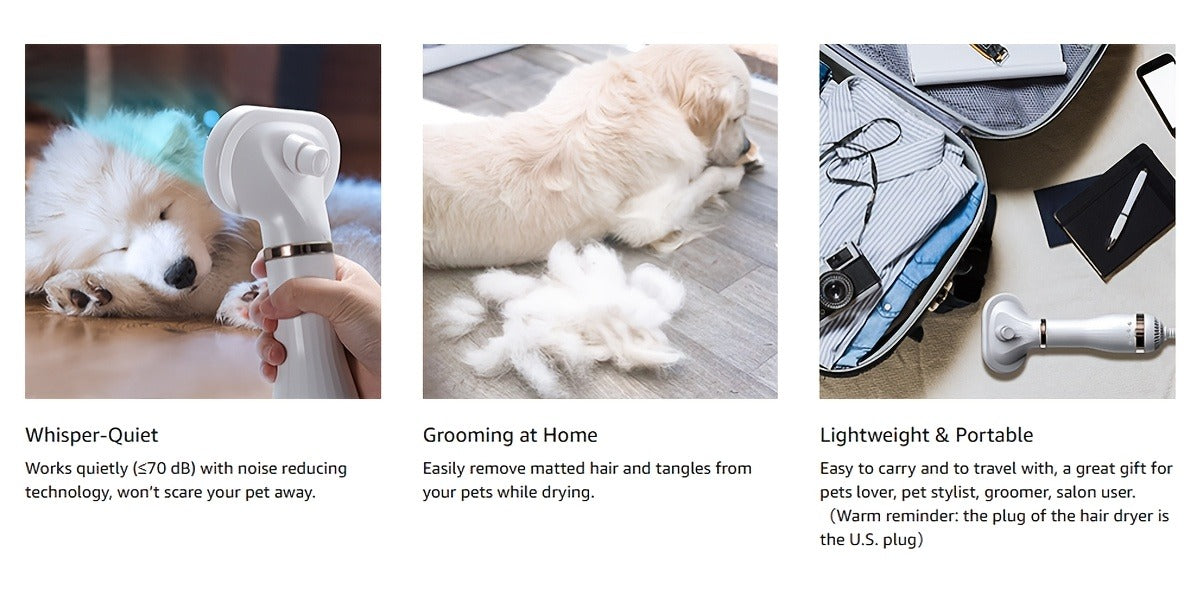 Pet Hair Dryer Brush, Two-in-One Blow Dryer and Self-Cleaning Slicker with Three Temperature Settings