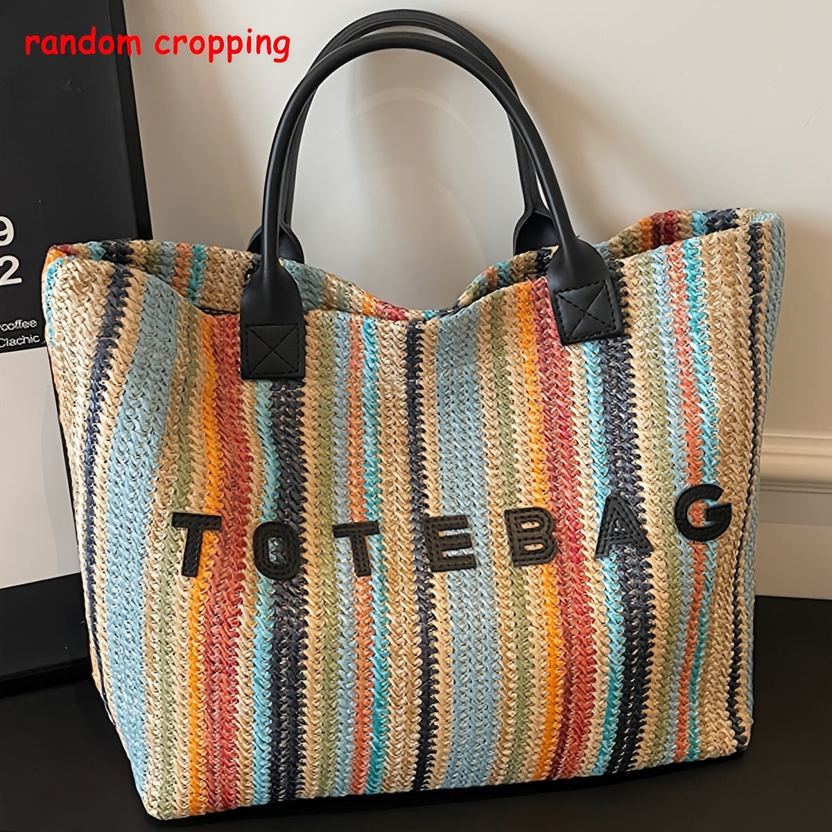 Striped Woven Tote Bag with Letter Detail, Open Top and Black, Green or Brown Handle Options