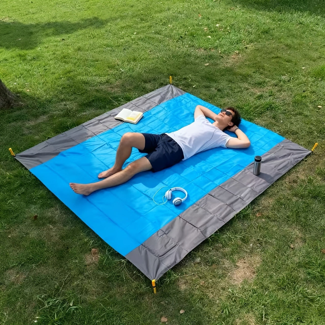 210 x 200cm Picnic Mat with Blue Center Panel, Grey Border, Drawstring Carry Pouch and Ground Stakes
