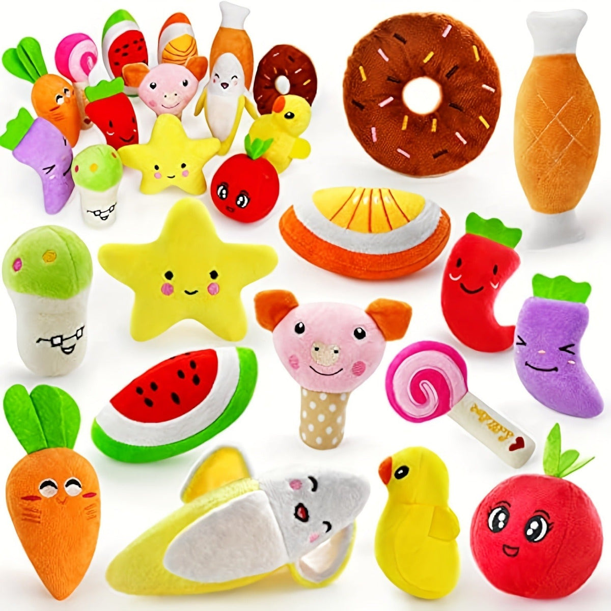 Fourteen-Piece Plush Dog Toy Set with Fruit, Vegetable and Snack Shapes for Supervised Squeaky Play