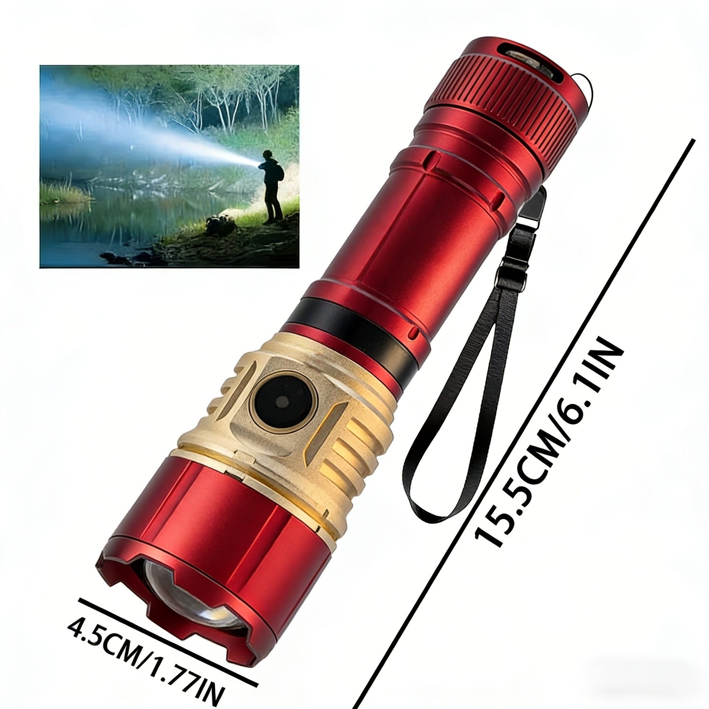 Flashlight Fresnel Lens Rechargeable Hand Torch with 21700 3500mAh Battery in Red Finish for Outdoor Use