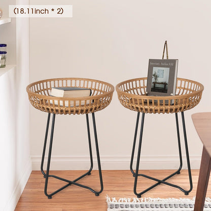 Rattan Side Table Nesting Tables Set of 2 Round Boho End Table Natural Bamboo Woven Coffee Table Metal Base for Living Room Bedroom Sofa Terrace